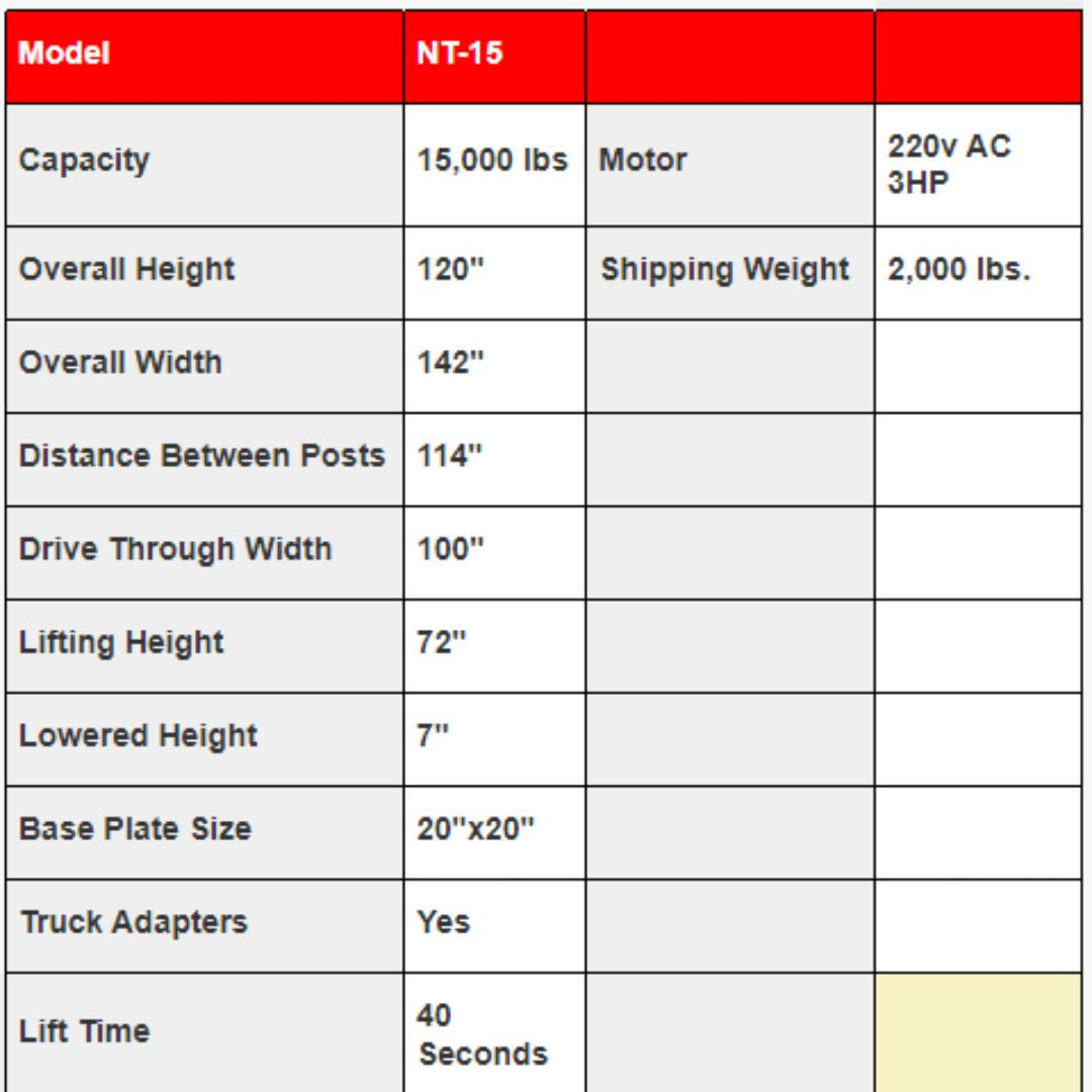 Triumph NT-15 15,000 lb. 2 Post Lift