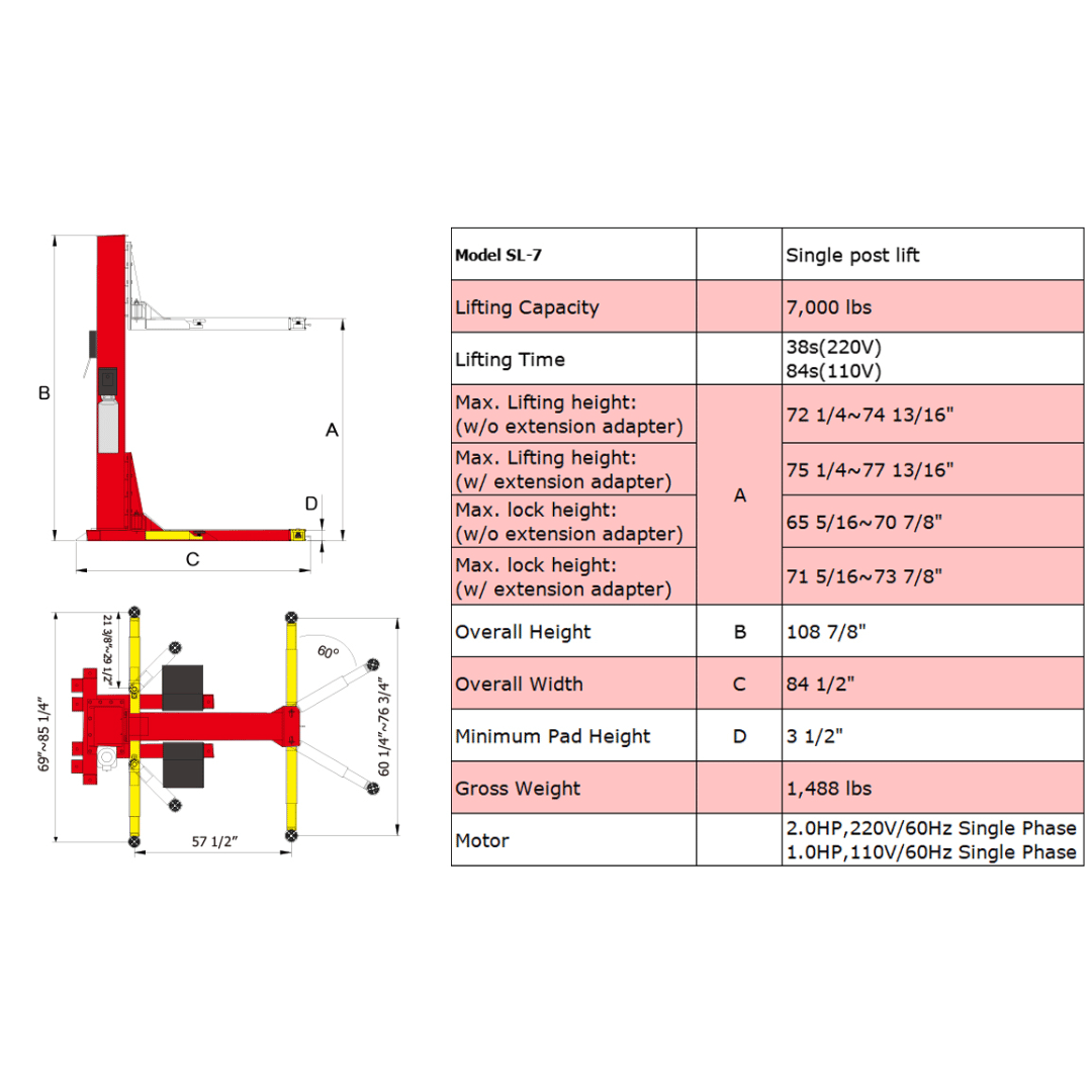 Amgo SL-7 7,000 lb Single Post Lift