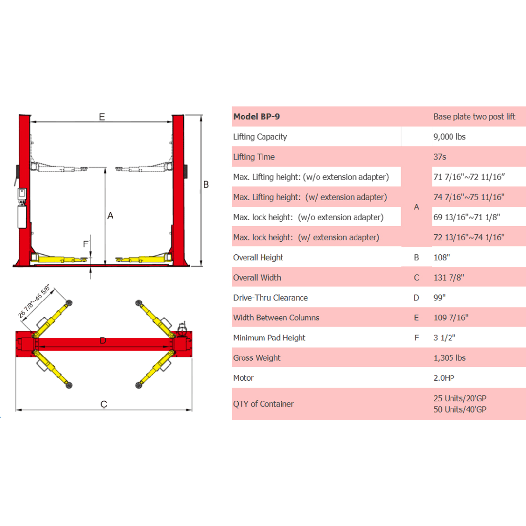 Amgo BP-9 9,000 lb 2 Post Lift