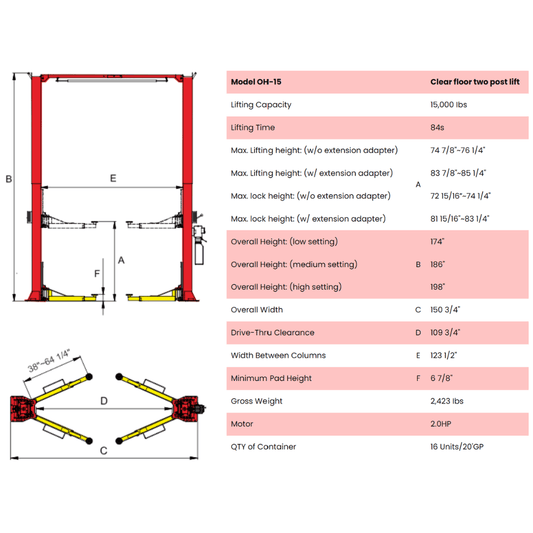 Amgo OH-15 15,000 lb 2 Post Lift