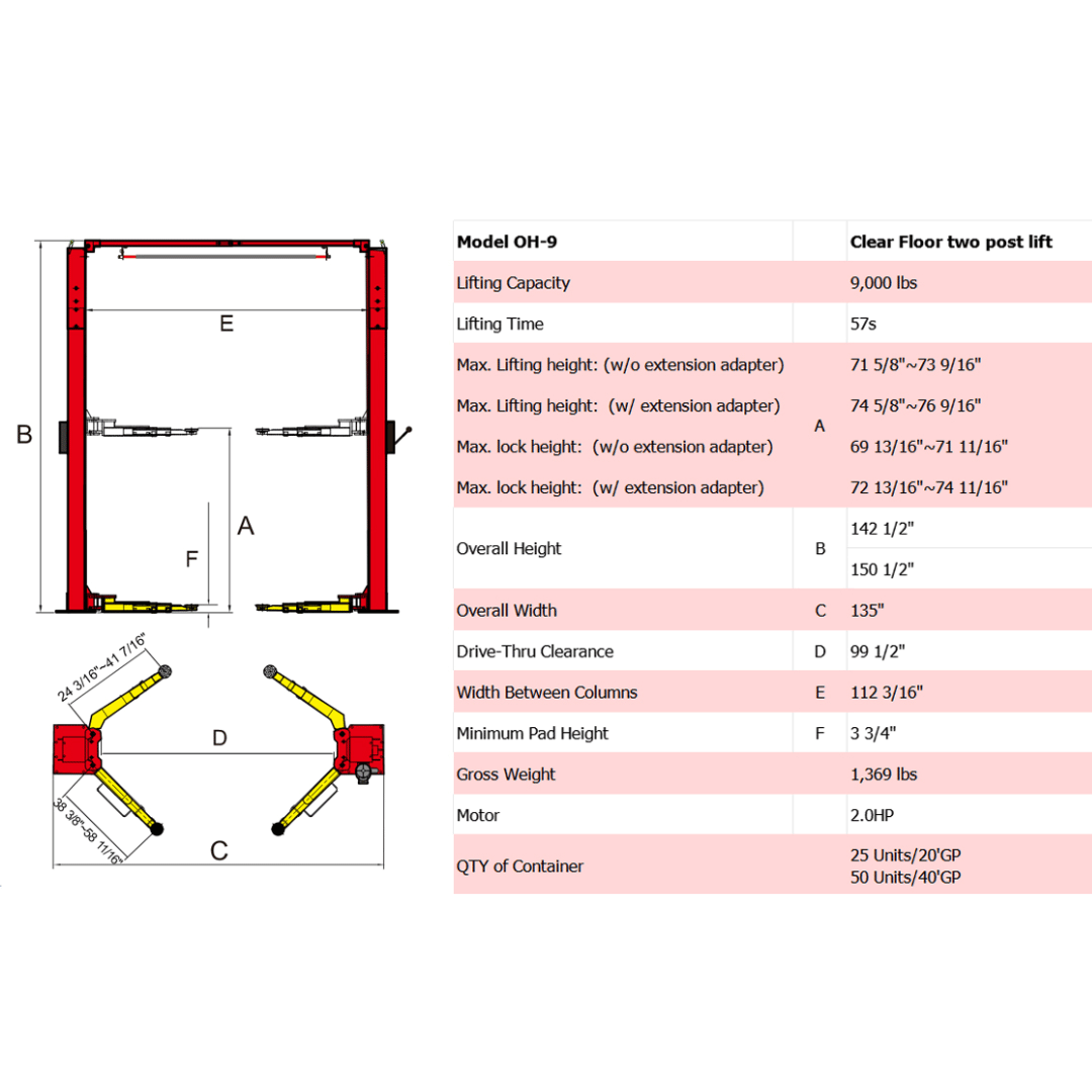 Amgo OH-9 9,000 lb 2 Post Lift