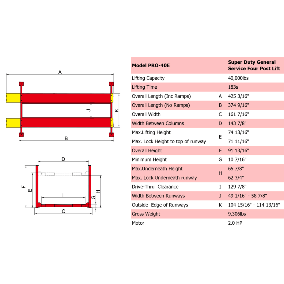 Amgo PRO-40E (Extra Length) 40,000 lb 4 Post Lift