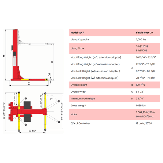 Amgo SL-7 7,000 lb Single Post Lift
