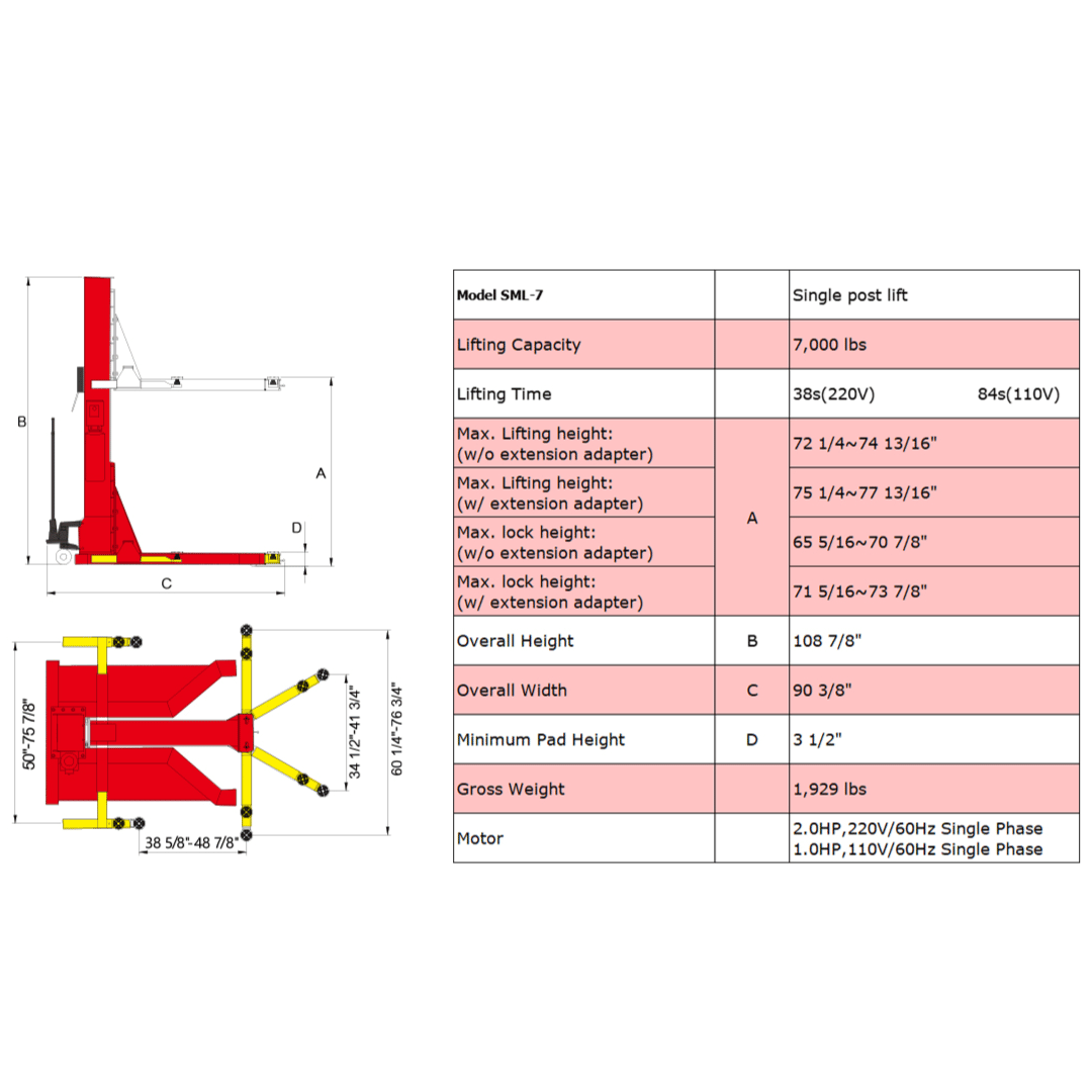 Amgo SML-7 7,000 lb Single Post Lift