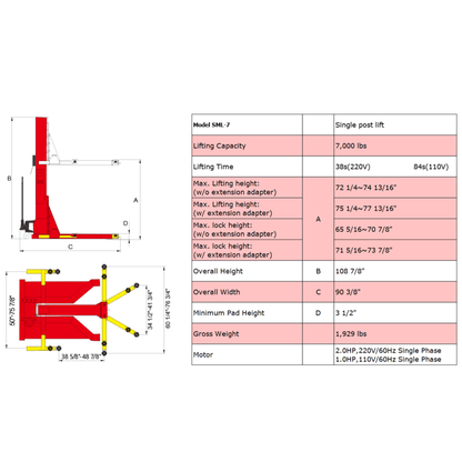 Amgo SML-7 7,000 lb Single Post Lift